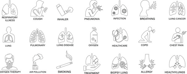 Line art vector icon of diseased human lungs showing respiratory illness, infection, and medical healthcare concept..