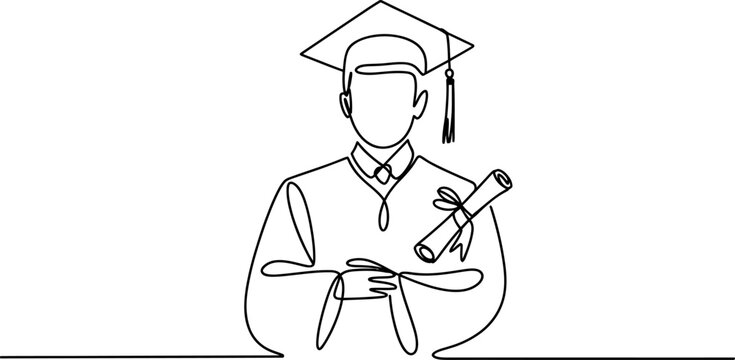 Continuous line drawing of a graduating student in cap and gown, proudly holding their diploma, symbolizing academic achievement and bright future success.