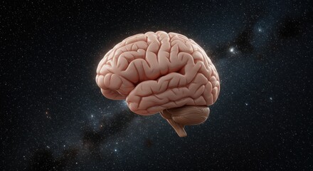 Human Brain Floating in Cosmic Space, Anatomical Study, Dark Background, 3D Render.