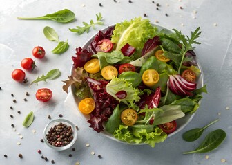 Fresh garden salad with cherry tomatoes and mixed greens overhead view