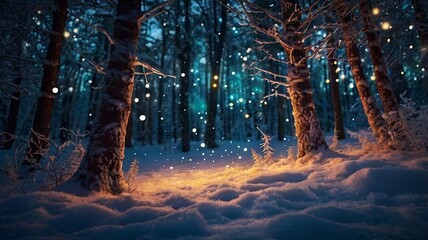A magical winter forest at night, illuminated by golden lights, surrounded by a sparkling Christmas tree. A banner for holiday, nature, and fantasy themes.