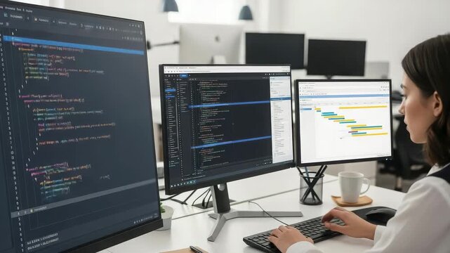 A woman programmer works on her computer with multiple monitors displaying code and a gantt chart
