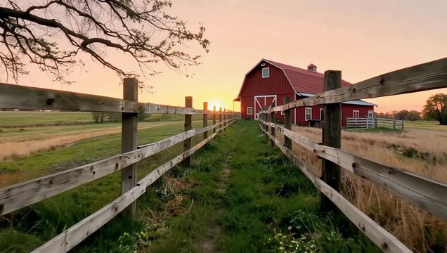 Golden Hour Journey: A tranquil path guides the eye through a rustic wooden fence towards a classic red barn bathed in the warm glow of a countryside sunset.