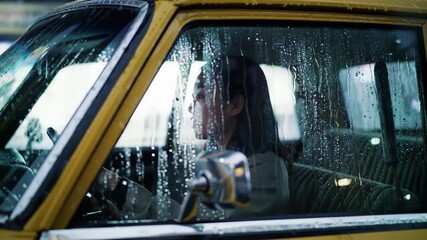 Woman driving in a yellow car during rain with blurred background, good for travel blog