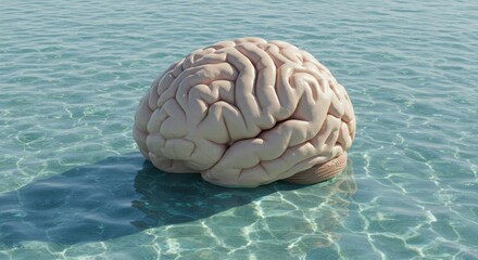 Brain adrift in tranquil, turquoise water, symbolizing thought, consciousness, and the subconscious mind.