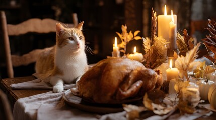 Festive feline fascination a curious cat eyes Thanksgiving turkey amidst autumn decor and cozy candlelight