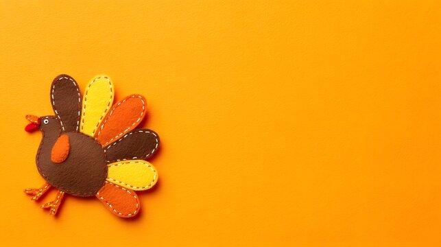 Charming felt turkey flat lay Thanksgiving craft design on bright orange background evokes autumn joy