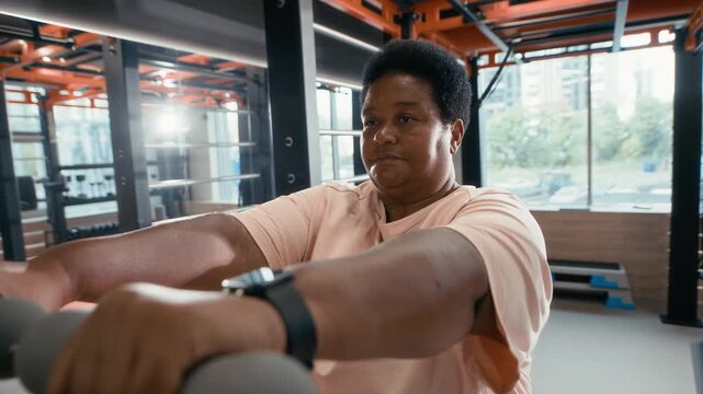 Zoom out slowmo shot of focused plus size African American woman in sportswear building arm strength while working out with dumbbells in modern gym
