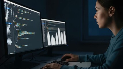Woman programmer working late at night on her computer, coding in a dark room - Powered by Adobe
