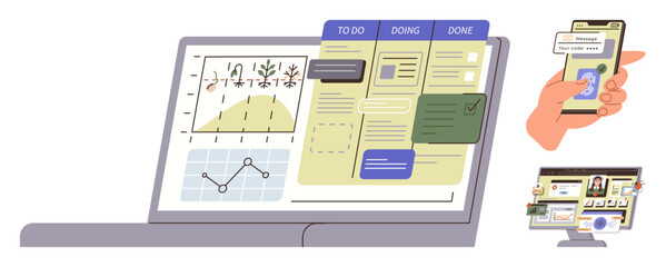 Laptop displaying task boards, project analytics graphs, and a hand using a mobile phone, alongside a group video call workspace. Ideal for productivity, organization, teamwork, communication