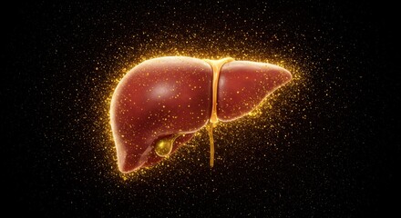 Glowing Human Liver - Detailed Anatomical Representation with Golden Particle Aura on Black Background.
