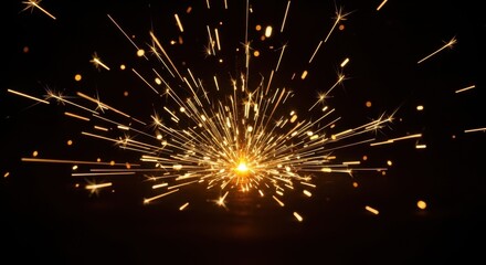 Energetic Golden Sparks Bursting Dynamically from Central Point in Darkness.