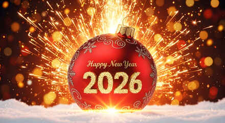 Vibrant red Christmas bauble with glittering 2026 text and Happy New Year message surrounded by spectacular golden fireworks display and snow festive celebration holiday template