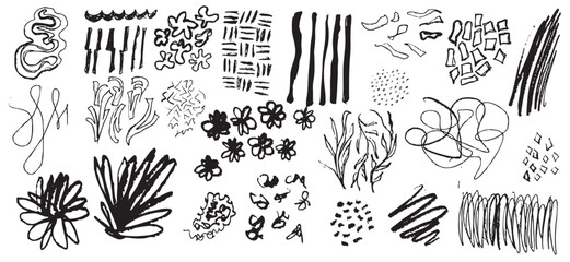 Trendy hand-drawn doodle elements with bold brush strokes and organic shapes, perfect for creative branding, packaging, and holiday decor. Vector illustration