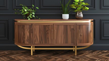 Stylish wood cabinet with gold accents, plants, and herringbone flooring against a dark wall