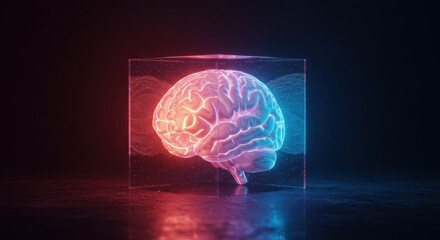 Neon Brain in Glass Cube - Futuristic Intelligence, Artificial Mind, Glowing Red and Blue.