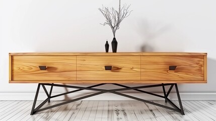 Stylish wooden cabinet with geometric black legs and minimalist decor against a white wall