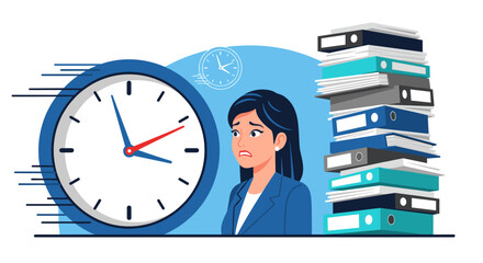 A young Asian businesswoman experiences overwhelming stress and burnout, symbolized by a fast-moving clock and a towering stack of files, highlighting workplace pressures.