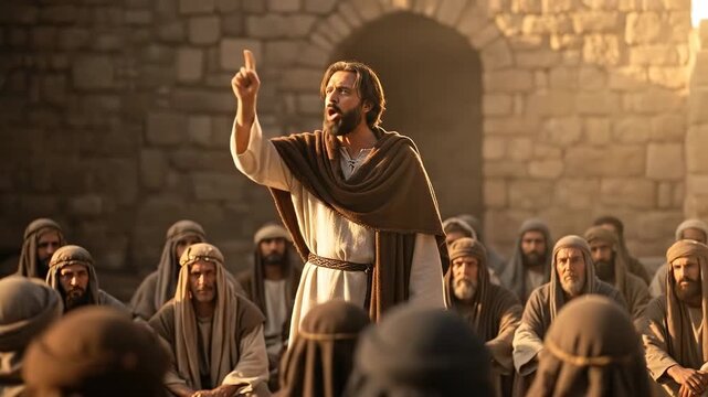 Jesus Christ Preaching to a Crowd of People in Ancient Times.