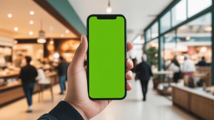 Hand holding a smartphone with green screen in a busy shopping mall