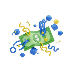 Abstract 3d rendering of a floating money bill with dynamic elements transparent background