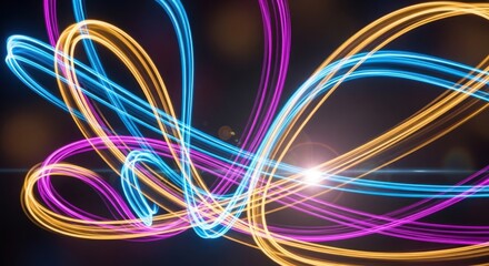 Abstract Neon Light Trails - Dynamic Curves of Blue, Gold, and Purple on Black Background.