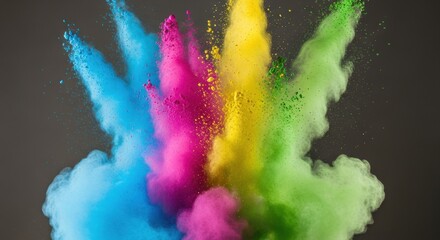Vibrant Explosion of Rainbow Powder - A Dynamic Burst of Blue, Pink, Yellow, and Green Pigment Clouds Against a Dark Background.