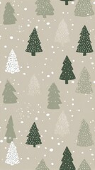 A delightful pattern featuring various Christmas trees in soft shades of green and white scattered across a gentle beige background, capturing the essence of Scandinavian holiday spirit