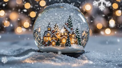 Charming snow globe with a miniature winter village scene sparkling snow and bokeh lights perfect for holiday promotions and festive designs - Powered by Adobe