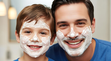 Father and son smiling with shaving cream on their faces in a bathroom setting foam