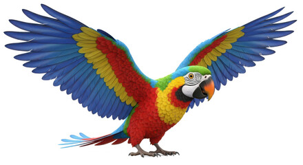 Vibrant blue and yellow macaw parrot with wings spread wide in flight isolated on transparent background