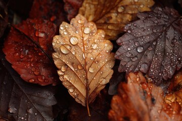 Autumn leaves layered on damp earth, rich browns and amber background with dew highlights