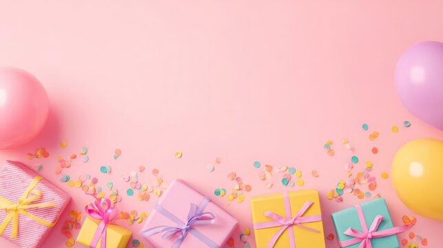 Festive birthday celebration with colorful gift boxes balloons and confetti on a soft pink background