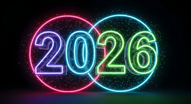 Happy New Years Eve 2026 Greeting Concept With Vibrant Neon Lighting Effect On Year Number Intersected By Glowing Rings And Floating Energy Particles Against Black Background For Digital Art Design 