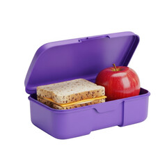 Purple lunchbox packed with a delicious sandwich and a fresh red apple ready for school transparent background