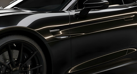 Close up of a sleek glossy black luxury sports car with chrome accents and a black wheel