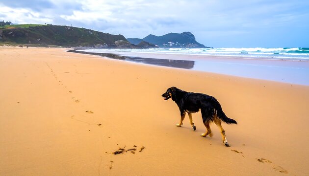 Black dog walks the shoreline of a sandy beach, overcast sky