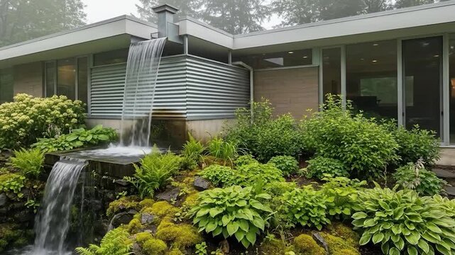 Modern house with architectural water feature and lush green garden landscape