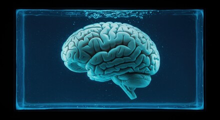 Luminous Human Brain in Blue Liquid Tank, Scientific Research Concept.