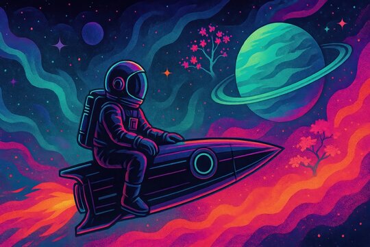 Retro Style Astronaut Riding a Rocket Through a Psychedelic Nebula