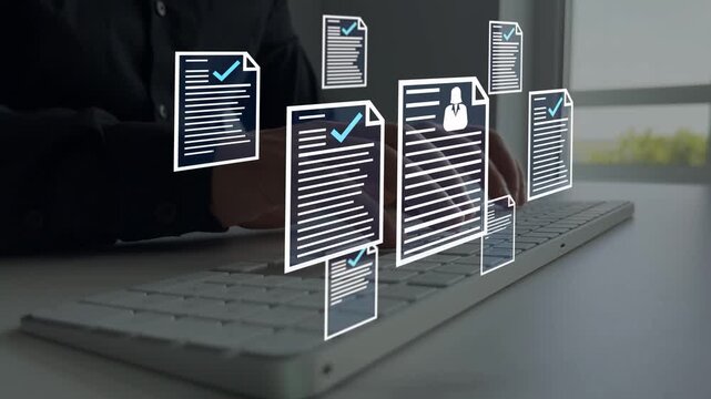 Digital documents with check marks verified staff records and online HR management.Employee approval process management	