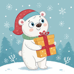 Vector cartoon illustration of a snowman on a Christmas holiday greeting card with gifts, snow, and a hat