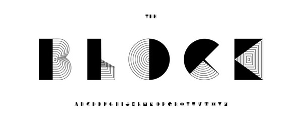 Block font logo alphabet geometric typography with lines square triangle rectangle circle shape lettering for abstract title text, modern architect poster headline, creative branding. Vector typeset