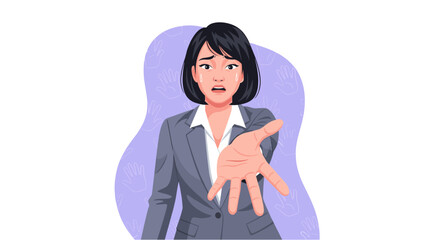 A young adult Asian businesswoman experiences stress and burnout in her workplace, reaching out with an expression of desperation and overwhelming pressure.