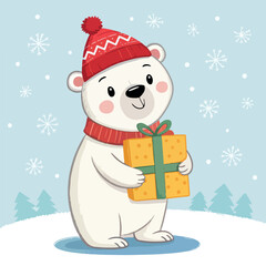 Cute cartoon snowman with a hat and scarf holding a Christmas gift box for a winter holiday greeting card illustration