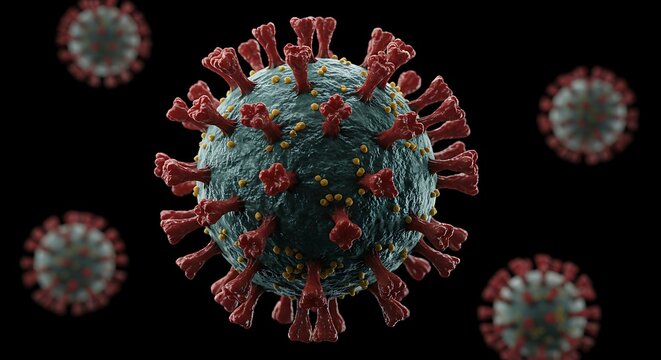 Artistic depiction of the coronavirus, showing the structure and surrounding virus particles against a black background - Powered by Adobe