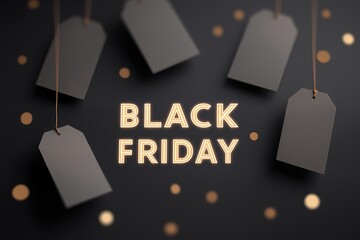 Black Friday golden text with matte black price tags on textured background