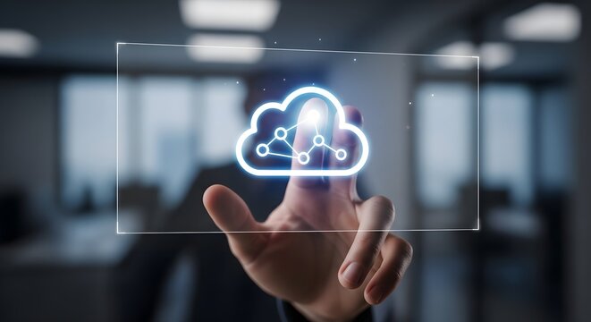 Cloud Computing Technology Concept Touching Virtual Interface Cloud Icon Digital Transformation Innovative Technology Cloud Computing Solutions Data Storage Virtualization
