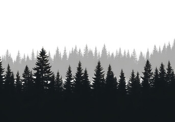 Silhouette of evergreen forest trees against a gradient sky isolated on transparent background