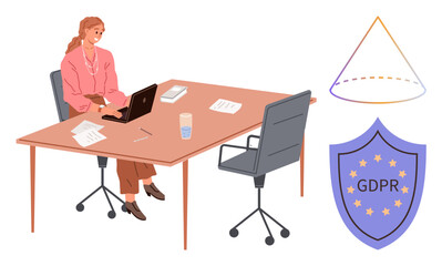 Fototapeta premium Woman typing on laptop at office desk, GDPR shield symbol, and cone diagram representing data privacy. Ideal for themes thumbs up privacy, data security, regulation, office work, IT, compliance
